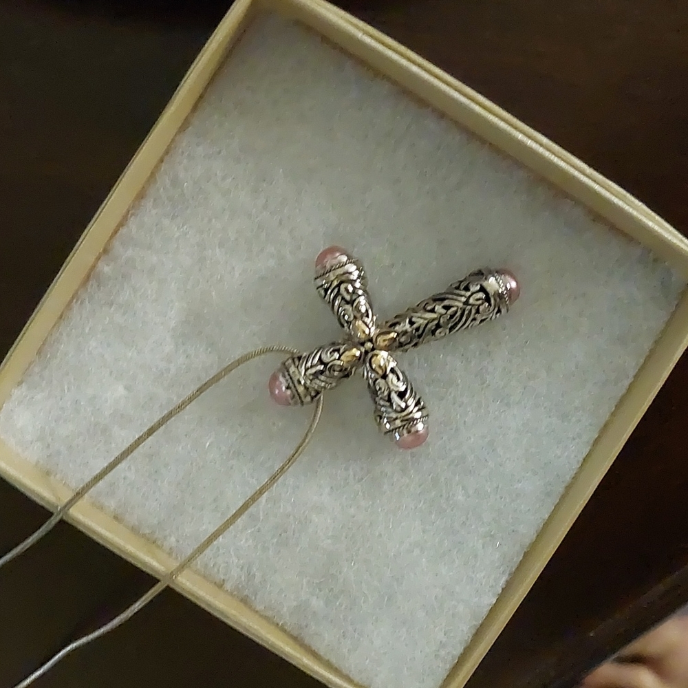 Bali Sterling Silver Pink Pearl Cross Necklace with Gold Accents